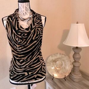 Michael Kors Black & Gold Sleeveless Cowl Neck Zebra Print Top & Necklace, S
